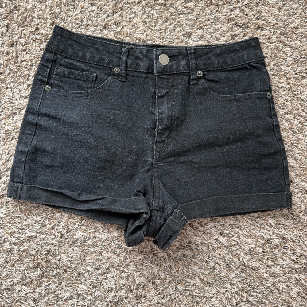 Black High-Rise Cuffed Denim Shorts